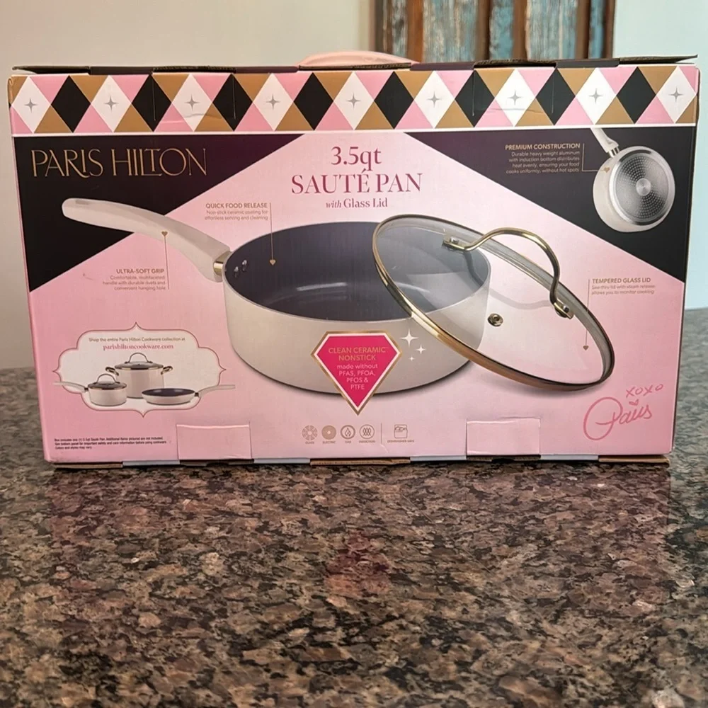 Paris Hilton White and Gold Sauté Pan with Glass Lid NEW